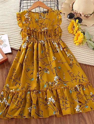  Kinder Mädchen Blumenkleid Blumen Kurzarm Hochzeit Aktiv Täglich Baumwolle Knielang Blumenkleid Sommerkleid Sommer Frühling 4-12 Jahre Gelb Rosa Blau