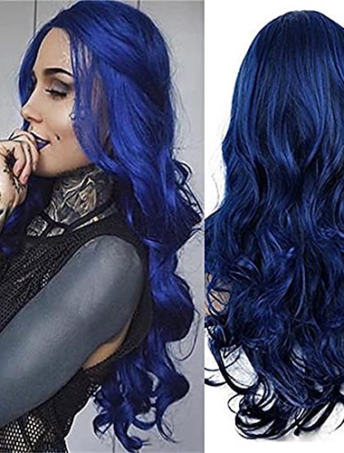  синие парики для женщин, длинные вьющиеся, волнистые, средняя часть, синтетический натуральный вид, термостойкий парик для косплея для вечеринок