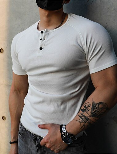  Homens Camisa Henley Camiseta de malha canelada Tecido Henley Rua Feriado Manga Curta Botão para baixo Roupa Moda Casual Confortável