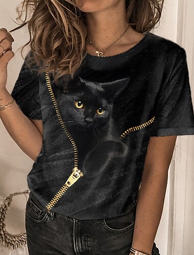  女性用 Tシャツ 猫 3D プリント カジュアル 週末 ベーシック 半袖 ラウンドネック シルバー