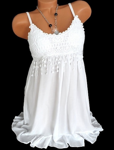  Γυναικεία Μεγάλα Μεγέθη Δαντελένιο πουκάμισο Αμάνικη Μπλούζα Καμιζόλα Καλοκαιρινές κορυφές Συμπαγές Χρώμα Δαντέλα Με Βολάν Καθημερινά Σαββατοκύριακο Γιορτή Καθημερινό Αμάνικο Τιράντες Λευκό