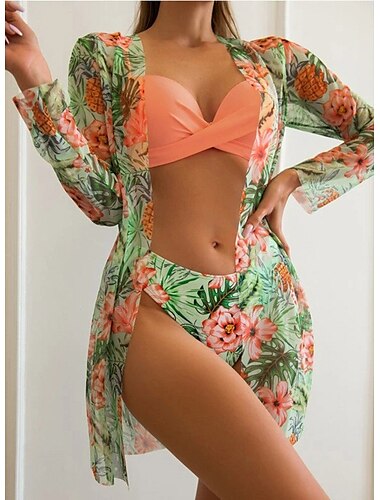  Damen Normal Badeanzug Bikinis Drei Stück Cheeky-Bikinihose Bademode 2 teilig Rückenfrei Sexy Print Urlaub Modisch Blätter V-Wire Ausschnitt Langarm Badeanzüge