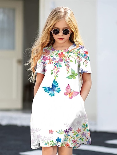  Kinder Wenig Mädchen Kleid Blumen Schmetterling Tier A Linie Kleid Täglich Festtage Urlaub Bedruckt Weiß Übers Knie Kurzarm Alltag nette Art Süß Kleider Frühling Sommer Regular Fit 3-12 Jahre