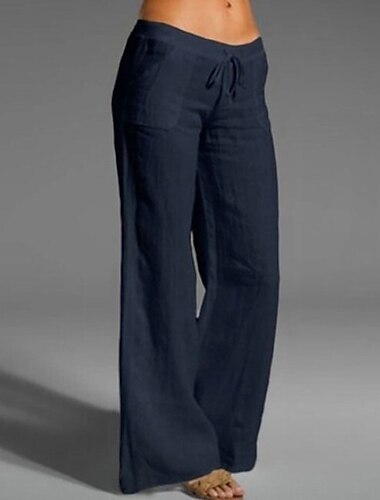  Damen Übergröße Hose aus Baumwollleinen Hohe Taille Einfarbig Kordelzug Weites Bein Bequem Atmungsaktiv Schnelltrocknend Mikroelastisch Schwarz Weiß Dunkelmarine Blau Sommer Frühling Herbst Lässiger