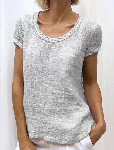  Damen Hemd Bluse Baumwoll-Leinen-Hemden Einfach Basic Kurzarm Rundhals Normale Oberteile Lässig Weiß Rosa Himmelblau Grün Hell Gray