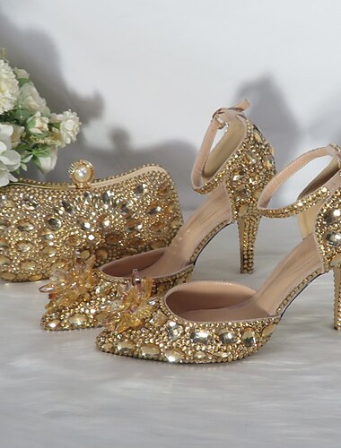 Sandales à talons hauts en strass dorés pour femmes avec pochette assortie – Escarpins de luxe à bride cheville ornés de cristaux pour mariages, fêtes et occasions spéciales