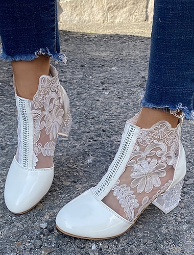  bottines pour femme en dentelle blanche avec talon bloc transparent - parfaites pour les mariages et les événements spéciaux