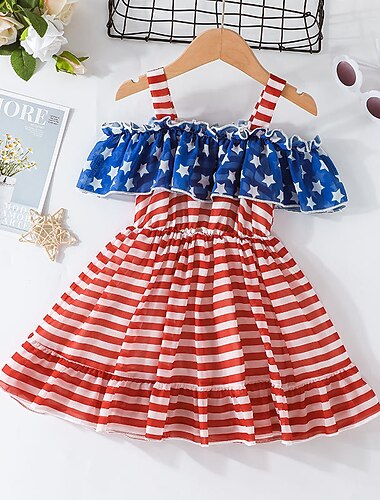  Kinderen Voor meisjes Amerikaanse Onafhankelijkheidsdag Jurk Vlag A lijn jurk Boven de knie Jurk Dagelijks Lapwerk Katoen Korte mouw leuke Style Jurk 1-5 jaar Lente blauw Wijn Rood