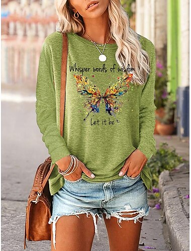  Damen T Shirt Schwarz Rosa Blau Schmetterling Buchstabe Bedruckt Langarm Casual Hawaiianisch Rundhalsausschnitt Lang Lockere Passform Schmetterling S