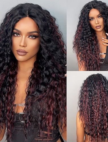  haircube черное вино / омбре коричневый 24-дюймовый парик фронта шнурка длинные вьющиеся 13 * 4 * 1 t часть парик шнурка kanekalon с детскими волосами для чернокожей женщины 180% плотность