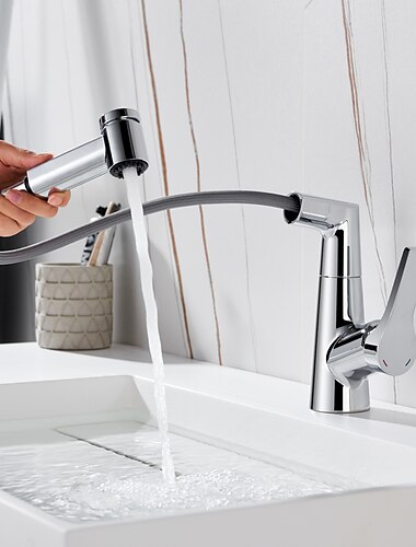  Waschbecken Wasserhahn mit herausziehbarer Brause, Messing hebbar 3-Modi galvanisiert / lackierte Oberflächen Centerset Einhand-Einloch-Waschbecken-Drehauslauf für Kalt- und Warmwasser-Badarmaturen