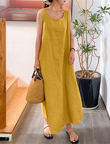  Per donna Abito maxi 100% cotone Abito a Tubino Vestito Estivo Vestito Casual Essenziale Casual Quotidiano Vacanza Ferie Vestibilità comoda Colore Puro Senza Maniche Girocollo Blu Giallo Rosa Rosso