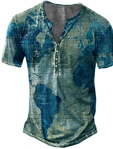  Homens Gráfico Mapa Camiseta camisa vintage Camisa Henley Manga Curta Impressão 3D Designer Básico Casual Ao ar livre Diário Esportes Verão Azul Roxo Verde Cáqui Henley Camiseta Henley