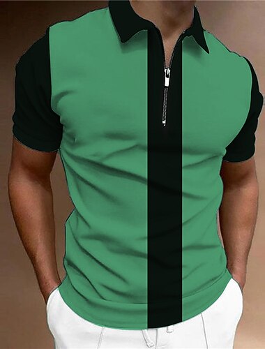  Men's Polo Shirt Golf Shirt Casual Daily Turndown Short Sleeve Fashion Designer Striped Zipper Print Spring & Summer Regular Fit Black Blue Purple Green Polo Shirt