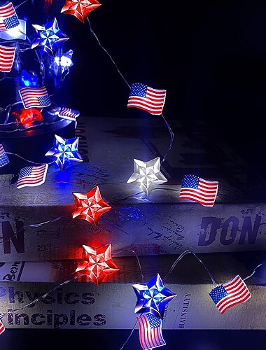  أضواء خيط وطنية 13 قدم 40 LED مع تحكم عن بعد لعيد الاستقلال 4 يوليو، الذكرى السنوية الـ250 ليوم الذكرى، أضواء خيط نجوم حمراء بيضاء زرقاء لتزيين المنزل