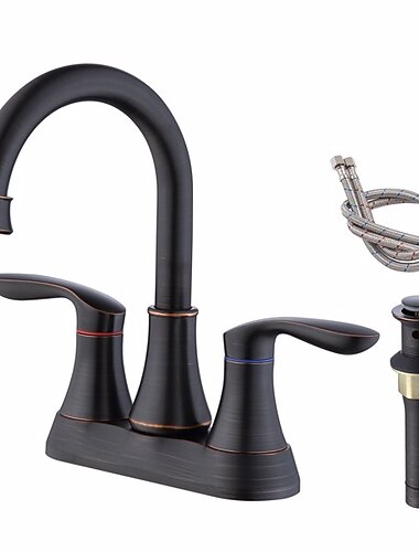  2-handvat 4-inch olie gewreven brons badkamerkraan badkamer wastafel kranen met pop-up afvoer en toevoerslangen