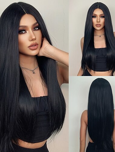  HAIRCUBE Black/Auburn/Golden/Wine/Ombre Brown Lace Front Wig Long Natural Straight 13*4*1 T Part Kanekalon Lace Wig With Baby Hair for Women Daily Party 180% Density