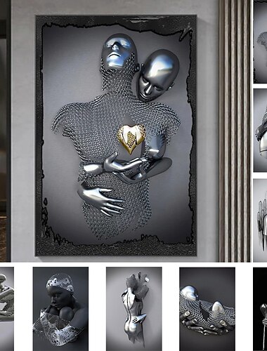  3d mur art amour coeur imprime/affiches métal sculpture couple câlin moderne image décoration de la maison tenture murale cadeau roulé toile sans cadre non étiré