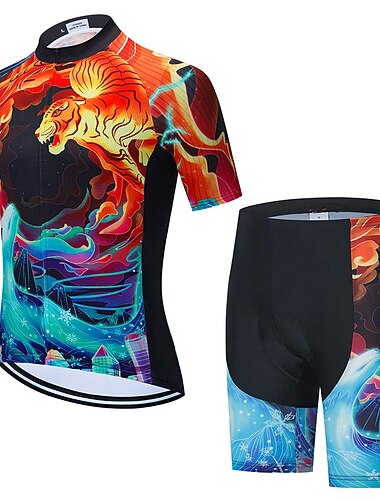  בגדי ריקוד גברים חולצת ג'רסי ומכנס קצר לרכיבה שרוולים קצרים רכיבת הרים רכיבת כביש קיץ אביב כחול + כתום נָמֵר אופניים 3D לוח ייבוש מהיר כיס אחורי פתילת לחות נושם ספנדקס ספורט ביגוד