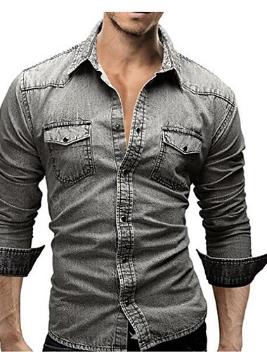  Herren Jeanshemd Hellgrau Dunkelgray Leicht Blau Langarm Einfarbig Umlegekragen Urlaub Lässig Button-Down Bekleidung Polyester Mode Lässig Atmungsaktiv Bequem