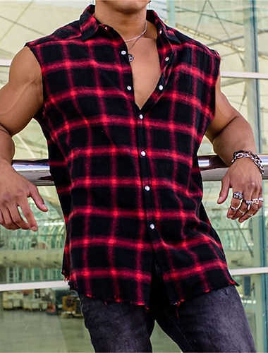  Hombre Camisa Camisa de verano Comprobar camisa Abotonar la camisa Camisas de cuadros Amarillo Rojo Azul Sin Mangas Ajedrez Cuello Vuelto Exterior Calle Abotonar Ropa Moda Casual Transpirable Cómodo