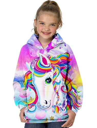 Da ragazza 3D Animali Unicorno Felpa con cappuccio Manica lunga Stampa 3D Primavera Autunno Di tendenza Streetwear Adorabile Bambino 3-12 anni Esterno Giornaliero Al coperto Standard