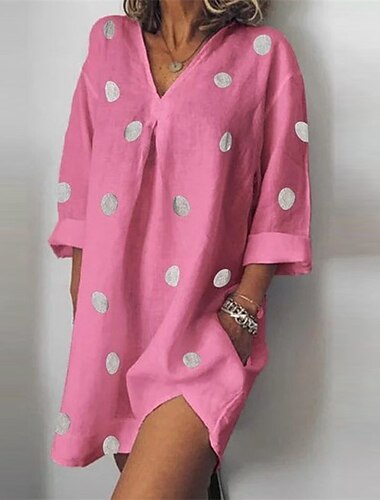  Damen Weiß Rosa Khaki Sommer Frühling Herbst Minikleid Leinen-inspirierte Kleider Freizeitkleid Baumwoll-Leinenkleid Basic Lässig Komfort Urlaub Heim Straße Lässiger Schnitt Tupfen Punkte Punkt V
