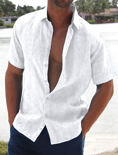  Herren leinenhemd Sommerhemd Strandbekleidung Knopfhemd Feste Farbe Urlaub Curise Schwarz Weiß Rosa Blau Kurzarm Umlegekragen Sommer Bekleidung Button-Down