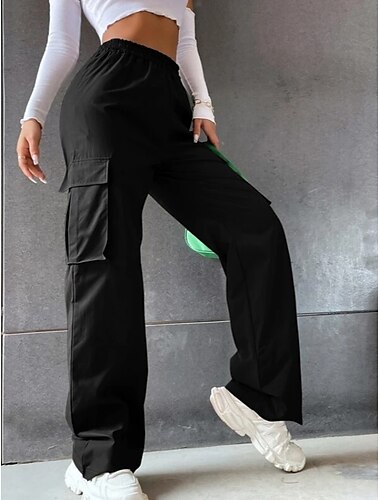  mujer pantalones cargo de paracaídas pantalones chinos pantalones largos mezcla de algodón bolsillo holgado microelástico cintura media moda casual fin de semana negro verde militar s m verano