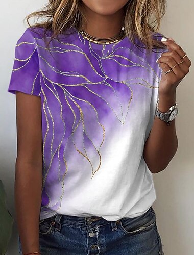  Damen T-Shirt Basic Marmor-Print Kurzarm Regular Tops Rundhals Casual Weekend Rot Blau Lila Grün