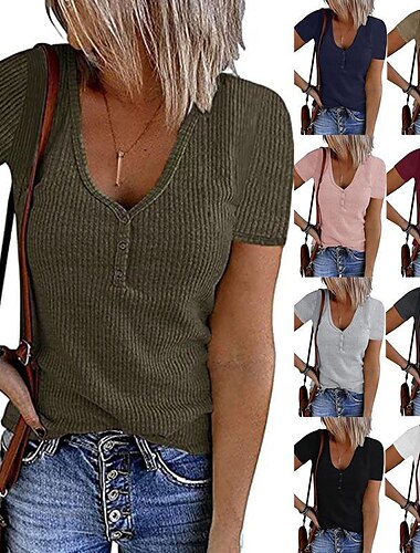  女性用 ヘンリーシャツ Tシャツ ブラック ホワイト ピンク 平織り ボタン 半袖 カジュアル 日常 セクシー ラウンドネック レギュラー S