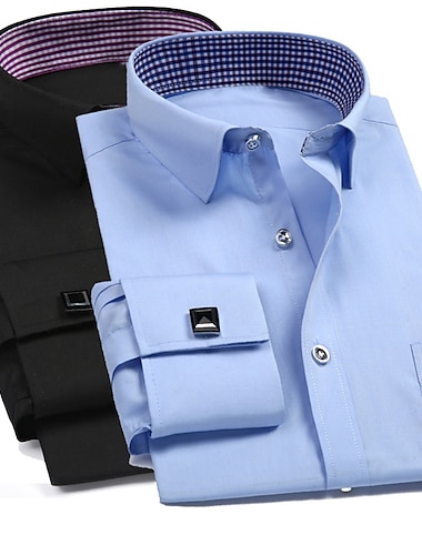  男性用 ドレスシャツ ボタンアップシャツ 襟付きのシャツ フレンチカフシャツ ブラック ホワイト ピンク 長袖 カーブ 折襟 オールシーズン 結婚式 ワーク 衣類 ボタンダウン