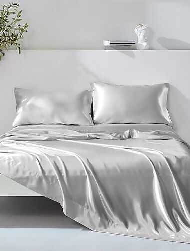  4-teiliges Bettlaken-Set mit tiefen Taschen, luxuriöser Seidensatin, kühlend, weich, einfarbig, beinhaltet 1 Bettlaken, 1 Spannbettlaken, 2 Kissenbezüge
