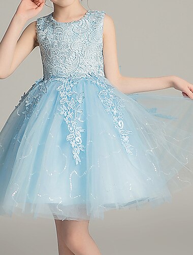  Prinzessin Über dem Knie Blumenmädchenkleid Erstkommunion Süßes Ballkleid Spitze mit Blütenblätter Fit 3-16 Jahre