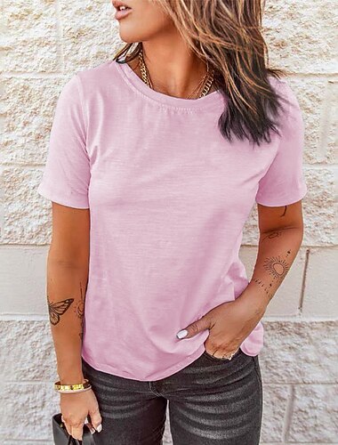  Damen 100% Baumwolle T-Shirt einfarbig schlicht Vintage Basis klassisch kurze Ärmel Rundhalsausschnitt reguläre Oberteile lässig täglich Wochenende Schwarz Weiß Pink Rot Marineblau Sommer Frühling