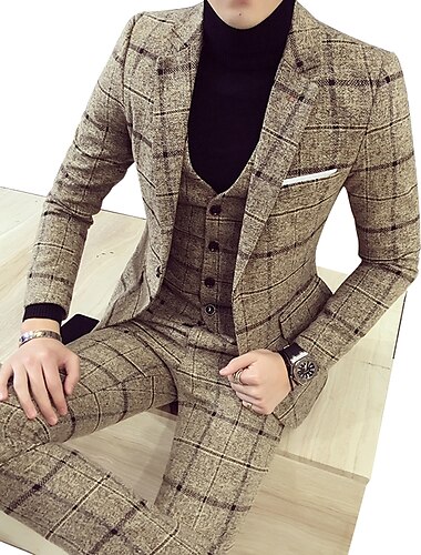 Trajes de boda de tweed para hombre Ceremonia de negocios Casamiento Caqui Gris oscuro Cuadros Ajuste delgado 3 piezas De un botón