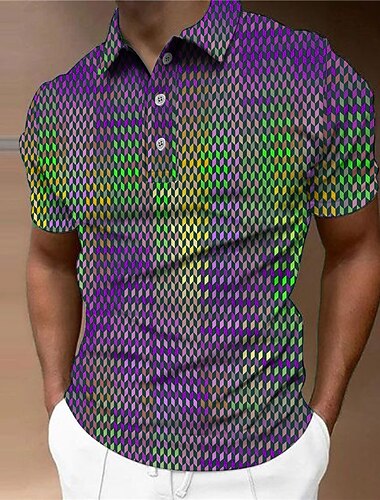  Men's Geometric Polo Shirts Golf Shirt Short Sleeve Polo Shirts Collared Shirts Business Casual WorkWear Formal Wear Festival Wear Buttons 3D Print Blue Purple Brown