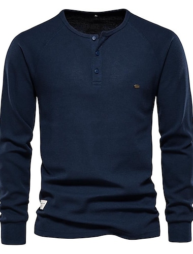  Herren T-Shirt mit Knöpfen Henley Hemd Pullover Sweatshirt Langarm Hemd Denim Blue Weiß Marineblau Orange Braun Bekleidung Essentiell Waffel