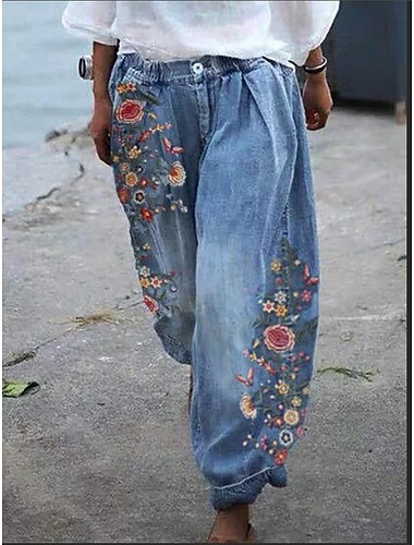  pantalones de chándal para mujer pantalones holgados de mezclilla sintética cintura media moda costera estilo abuela casual fin de semana estampado microelástico largo completo comodidad flor / floral