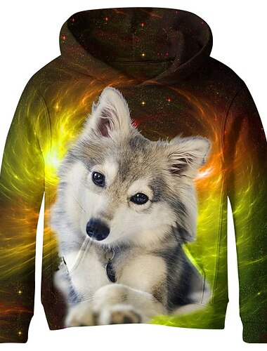  Kinder Jungen Kapuzenshirt Langarm 3D-Druck Hund Tier Tasche Gelb Kinder Oberteile Herbst Frühling Aktiv Modisch Täglich Täglich Innen Outdoor Regular Fit 3-13 Jahre