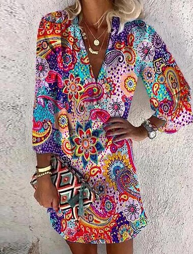 vestido casual feminino vestido étnico minivestido vermelho manga 3/4 estampa floral verão primavera outono decote em v casual fim de semana 2023 s m l xl xxl 3xl