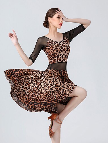  Dança Latina Vestido Estampado Leopardo Cor Única Recortes Mulheres Treino Espetáculo Meia Manga Alto Elastano