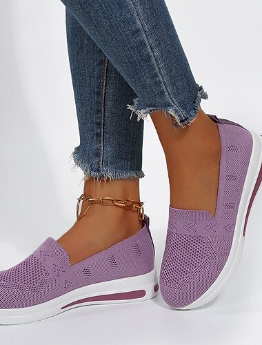  Femme Basket Grandes Tailles Chaussures Flyknit du quotidien Couleur Pleine Hauteur de semelle compensée Bout rond Marche Matière synthétique Mocassins Noir Bleu de minuit Gris