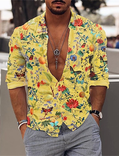  Herren Blumen Hemd Langarm Modisch Designer Brautkleider schlicht Urlaub Casual Ausgehen Frühling Sommer Umlegekragen Bedruckt Button-Down Schwarz / Weiß Weiß Gelb Orange Grün