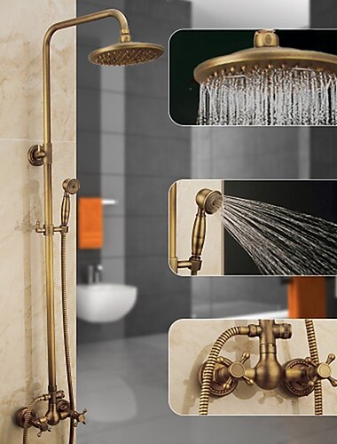  Vintage Shower System Faucet Combo Set Ceramic Mixer Valve, 8 inch Brass Rainfall Shower Head Showerhead with Handheld Spray, Antique Wall Mounted Tub and Shower Kit Bathroom Bath