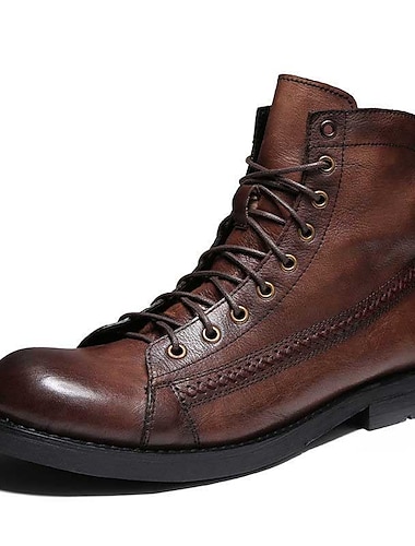  Zwarte imitatieleren veterlaarzen voor heren met brogue-details, vintage motorlaarzen voor stoere outdoor- en casualkleding