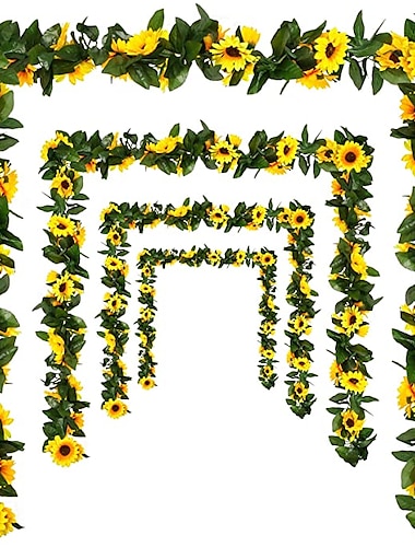  LED 2,4 m künstliche Sonnenblumengirlande aus Seide, Kunstblumen, Efeublätter, Pflanzen, Heimdekoration, Blumenwandkranz, 240 cm/98 Zoll, Kunstblumen für Hochzeitsbogen, Gartenwand,