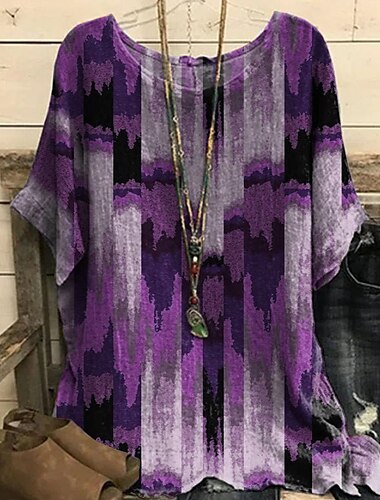  Dame Pluss Størrelse Bluse Grafisk Vintage Grunnleggende Uformell Korte Ermer Dolman Ermer Crew Neck Ferie Daglig Helg Print Blå Lilla Brun Sommer Vår