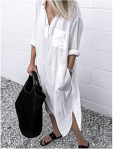  Per donna Abito lungo maxi Abiti ispirati al lino Abito Bianco Abito Camicia Vestito Casual Essenziale Casual Abito Invernale Vacanza Quotidiano Vestibilità comoda Colore Puro Manica Lunga Colletto a