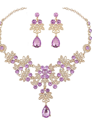  varmt selgende fiolett krystall dråpe halskjede øredobber brude bryllup smykker sett